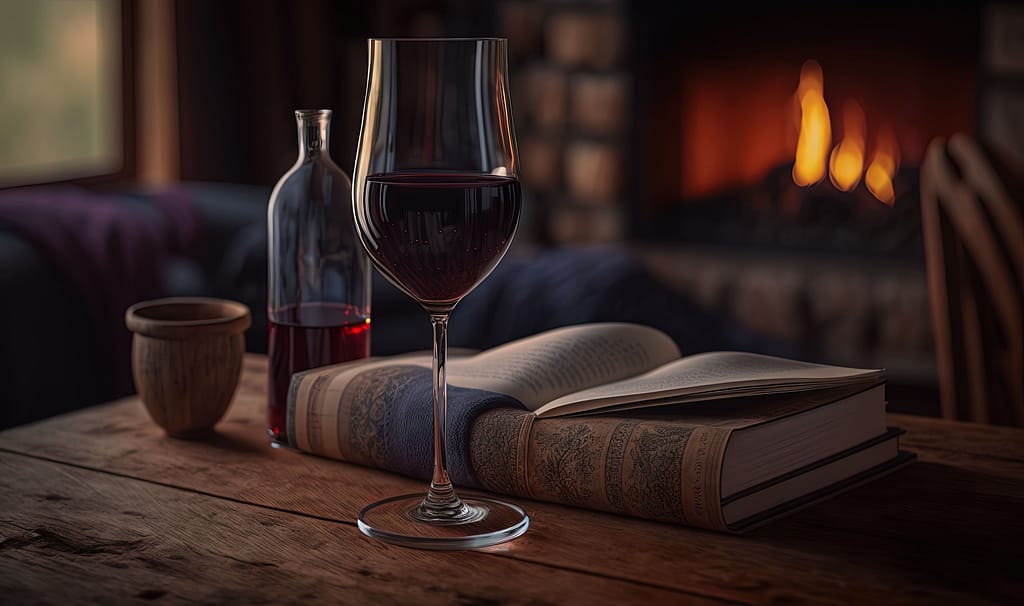 Livre et verre de rouge.
