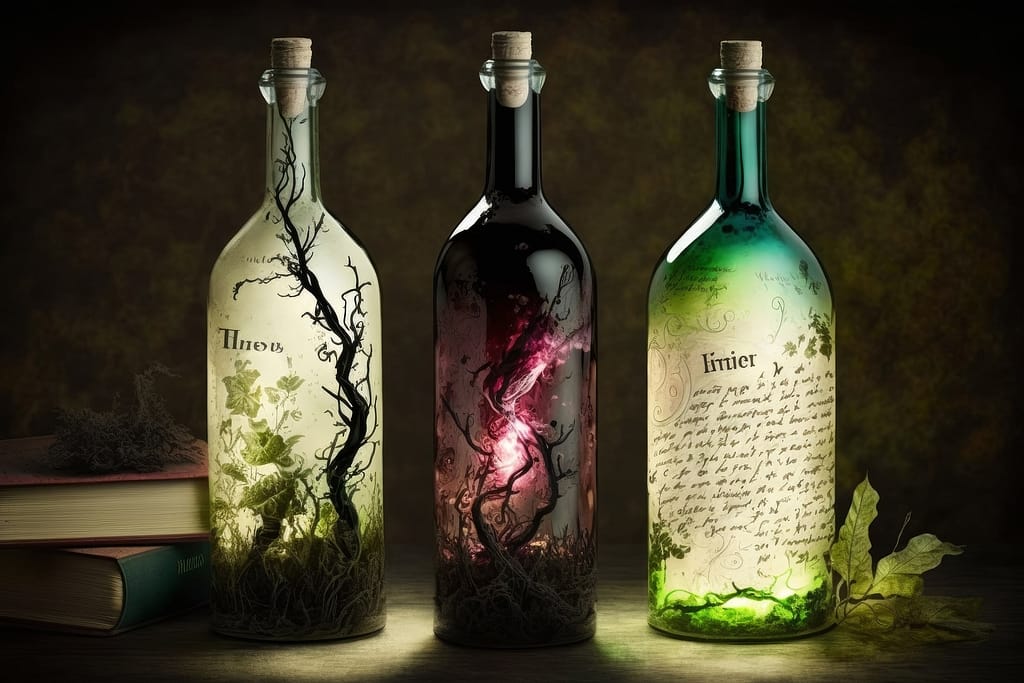 Bouteilles de vins décorées.