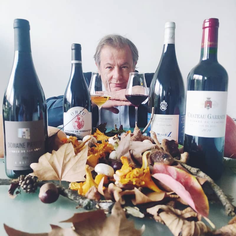 Jean-luc Jamrozik accord Vins et Champignons avec plusieurs bouteille de vin rouge et des feuilles et marrons et châtaignes de forêt